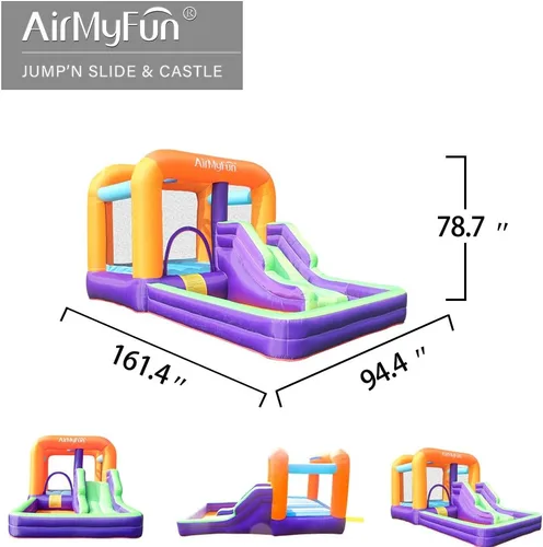Vista 8 de AirMyFun Casa inflable para rebotar, gorila de obstáculos y tobogán con soplador de aire (estilo morado)