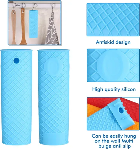 Vista 4 de 5 piezas de silicona para mango caliente, funda de goma resistente al calor, agarraderas de cocina para sartenes de hierro fundido, sartenes