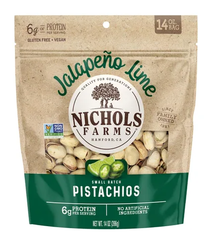 Vista 7 de Nichols Farms Pistachos Orgánicos de California en Cáscara, Aperitivo Proteico Saludable, Habanero Lima, 14 oz
