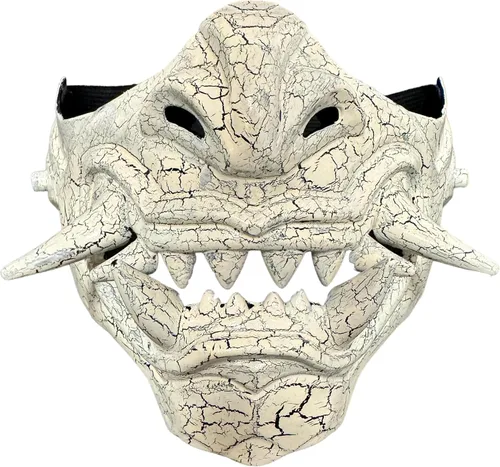 Vista 6 de Máscara de monstruo japonés Hannya Demon Oni Samurai Half Face Shield Crack Style Negro
