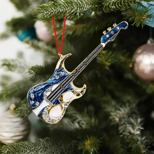 Vista 3 de D4DREAM Adorno de Navidad de guitarra, adornos colgantes de guitarra de metal para decoración de árbol de Navidad, guitarras eléctricas azules