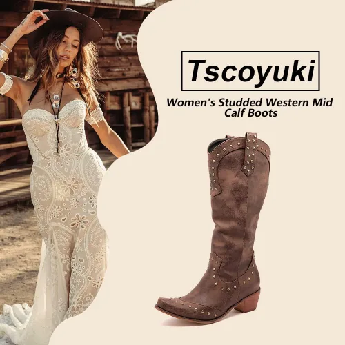 Vista 2 de Tscoyuki Botas de media pantorrilla para mujer, con tachuelas, puntera puntiaguda, tacón grueso, vaquera, desgastadas