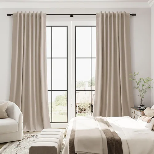 Vista 19 de Guken Cortinas opacas de lino, 2 paneles rústicos, elegantes, 100% opacas, con aislamiento térmico, banda de ganchos y trabilla trasera, 52 x 84
