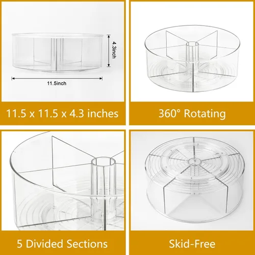 Vista 2 de Organizador giratorio grande Lazy Susan con 5 divisores, para cocina, baño, gabinete, despensa, refrigerador, encimera, tocador, contenedor