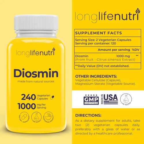 Vista 2 de Diosmin Fórmula avanzada de 1000 mg – 240 cápsulas para apoyo de salud circulatoria, suministro de 4 meses, sin OMG, fabricado en Estados Unidos