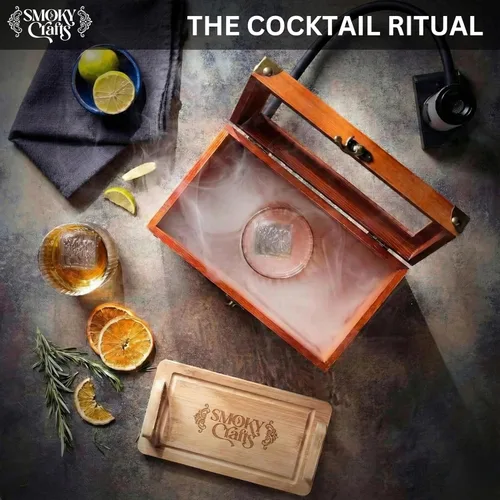 Vista 5 de Kit Ahumador de Cócteles a la Antigua de Smoky Crafts - Kit Ahumador de Whisky con Pistola para Ahumar, Caja de Ahumado para Cócteles, Bandeja