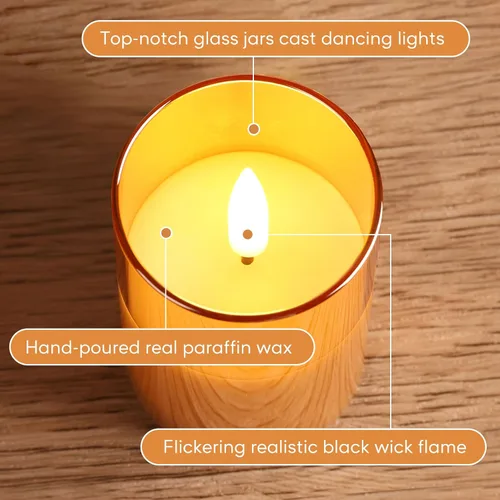 Vista 5 de Velas votivas sin llama de vidrio dorado con control remoto y temporizador, juego de 6 velas LED parpadeantes de cera real, pilar pequeño