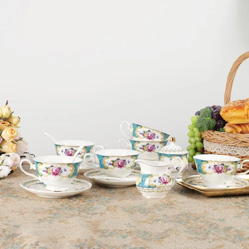 Vista 5 de fanquare Juego de té de porcelana europea de 21 piezas, tazas y platillos verde azulado para 6, juego de regalo de té azul para adultos