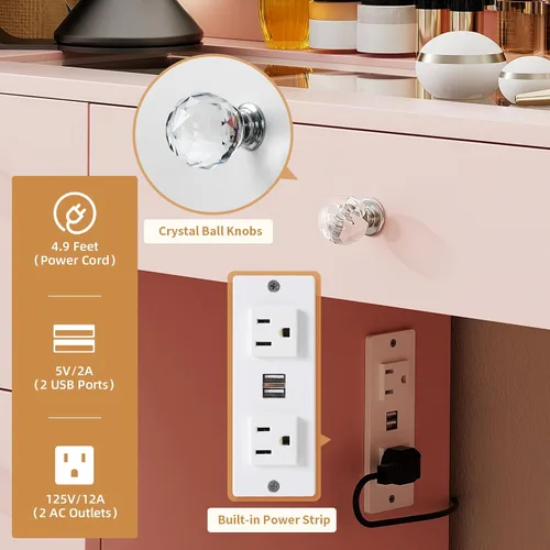 Vista 7 de VOWNER Tocador con espejo iluminado: escritorio de maquillaje con parte superior de vidrio con 7 cajones y toma de corriente, 3 modos de iluminación