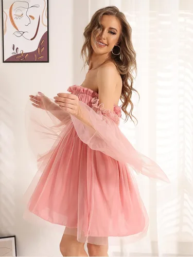 Vista 3 de Halfword Vestido corto de manga larga con volantes y hombros descubiertos para mujer vestido corto de fiesta de malla con volantes