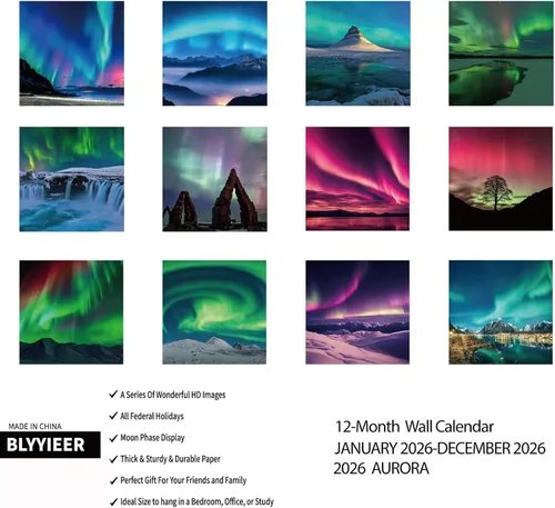 Vista 2 de Calendario de pared 2026, calendario de pared Aurora 2026, 12" x 24" abierto, papel grueso brillante, organizador para el hogar y la oficina