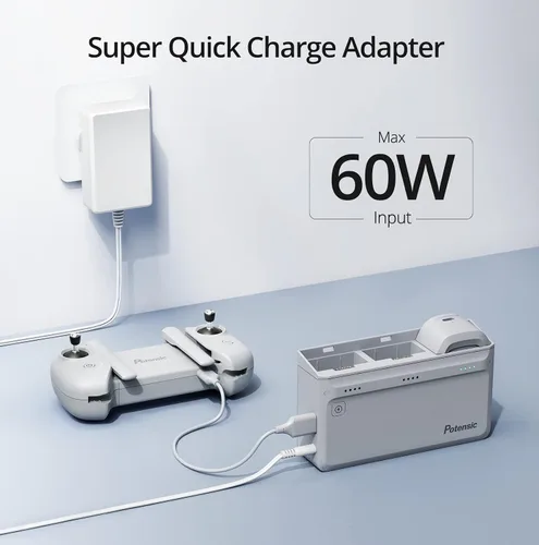Vista 4 de Potensic Hub de carga paralelo Atom SE con 2 baterías inteligentes y 1 adaptador de carga súper rápida
