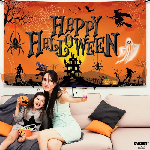 Vista 4 de KatchOn Cartel naranja de feliz Halloween, extra grande de 72 x 44 pulgadas, telón de fondo de calabaza para decoraciones de fiesta y fotografía