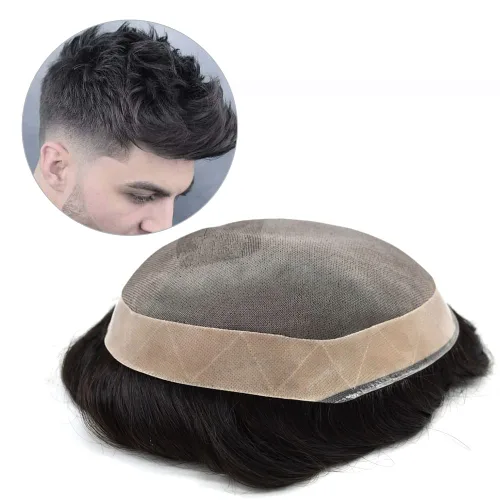 Vista 4 de Toupee - Pieza de cabello humano real para hombre, sistema de pelo tipo tupé para hombres, piezas de pelo fino mono polivinílico para hombre, pieza