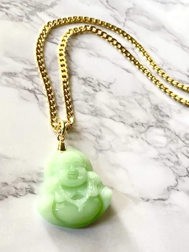 Vista 3 de Collar con colgante de Buda sonriente y sonriente, de jade verde lima y cadena cubana de oro genuina certificada de jade de grado A hecha a mano
