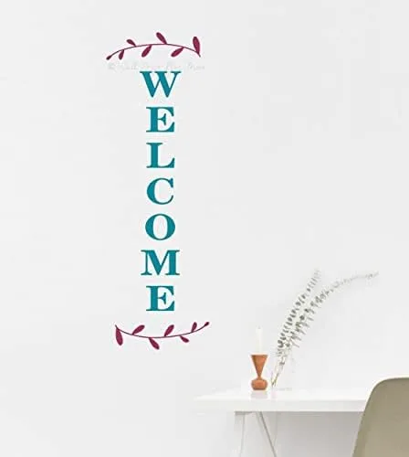 Vista 3 de Calcomanía vertical de bienvenida de vinilo con letras de laurel, decoración de pared, 10 x 30 pulgadas, baya/verde azulado
