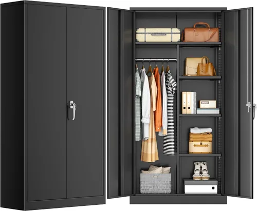 Vista 9 de INTERGREAT 71” H Metal Wardrobe Cabinets with 2 Doors, Large Clothing Storage Cabinets with Hanging Rod and Adjustable Shelves, Closet for Home
