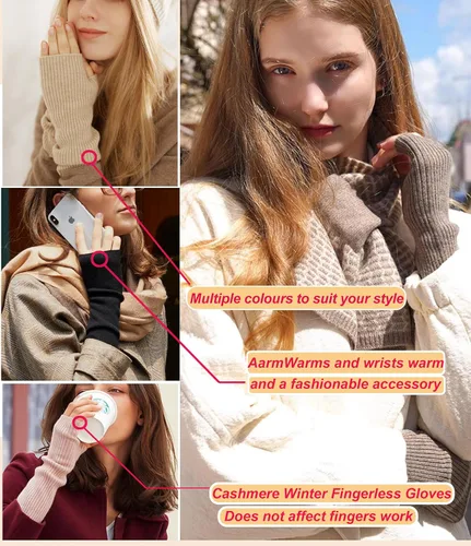Vista 4 de Guantes cálidos de cachemira de brazo largo para mujer, guantes de invierno acogedores sin dedos, calentadores de brazos suaves, gran regalo