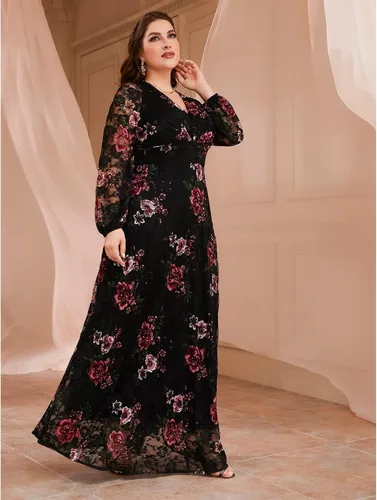 Vista 4 de Vestido de talla grande para mujer, con cuello en V, bordado de rosa, elegante, formal, maxi vestidos