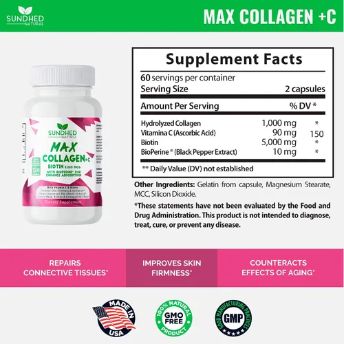 Vista 3 de Sundhed Max Collagen Plus C - Colágeno natural con biotina y bioperina para aumentar la hidratación antienvejecimiento y la firmeza de la piel