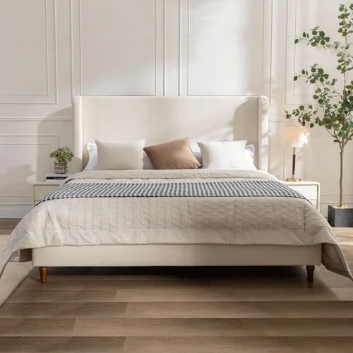 Vista 22 de Base de cama tapizada tamaño Queen, cabecera acolchada de 54" con respaldo geométrico, plataforma tapizada para dormitorio de niños, adolescentes