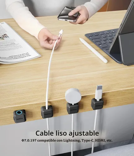 Vista 4 de Paquete de 9 clips magnéticos para cables, organizador de cables para escritorio, clips para cables, organizador adhesivo para cables USB, soporte