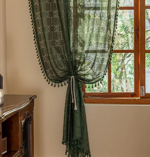 Vista 8 de YJ YANJUN - Cortinas de café boho, 24 pulgadas de largo, 2 paneles, cada una de 59" de ancho x 24" de largo, beige, con crochet, cortinas de cocina