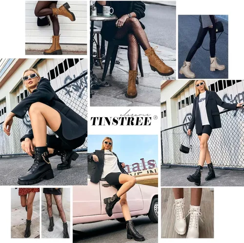 Vista 6 de TINSTREE Botas de combate de tacón bajo con hebilla de moda para mujer, botas de combate con cremallera lateral, botas antideslizantes para montar