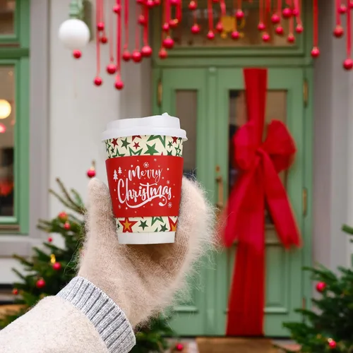 Vista 5 de Kochorie Juego de 100 tazas de café desechables de Navidad de 12 onzas con tapas de cúpula, papel desechable de Navidad, taza aislada extragruesa
