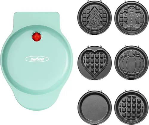 Vista 7 de Mini waflera 6 en 1, plancha de gofres de 4 pulgadas con platos antiadherentes extraíbles, mini máquina para hacer gofres perfecta para niños y Azul