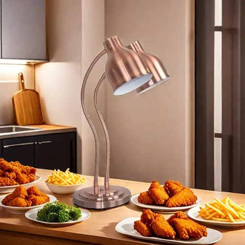 Vista 4 de Lámpara de calor de alimentos de doble cabezal con bombilla de 500 W, calentador de alimentos, lámpara de calefacción infrarroja, encimera