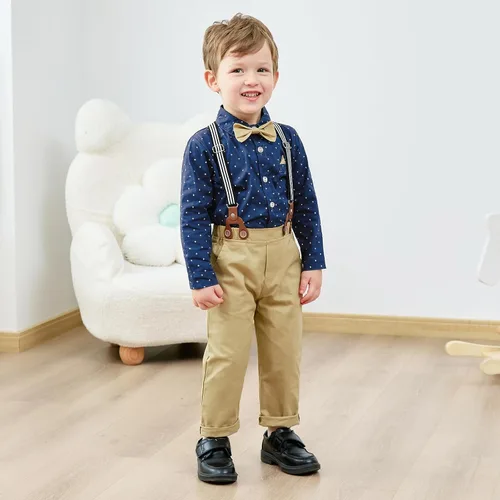 Vista 3 de nilikastta Trajes de ropa para niños, camisa de vestir con corbatín + pantalones con tirantes para niños grandes, trajes de boda para caballeros
