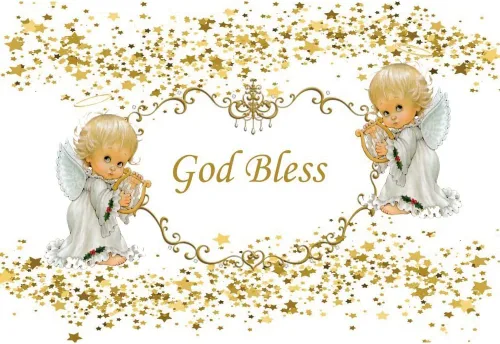 Vista 4 de Telón de fondo de 5 x 3 pies con texto en inglés "God Bless First Holy Comunion Bautismo" Bautizo Fondo Ángel Baby Lentejuelas Doradas Estrella