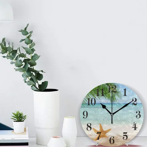 Vista 3 de WIHVE Reloj de pared redondo con diseño de estrellas de mar tropicales y hojas de palma, silencioso, sin tictac, 10 pulgadas, funciona