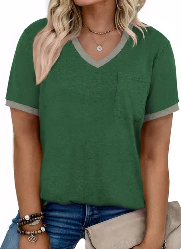 Vista 84 de Eytino Blusas de talla grande para mujer, cuello en V, manga corta, a rayas, casual, holgada, con bolsillo (1X-5X)