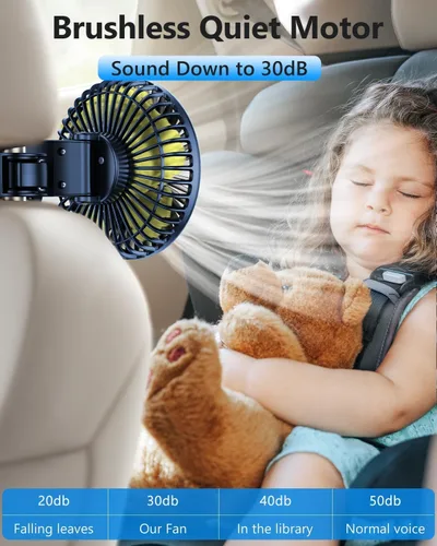 Vista 6 de Ventilador de coche recargable para asiento trasero de niños y bebé Hojas verdes