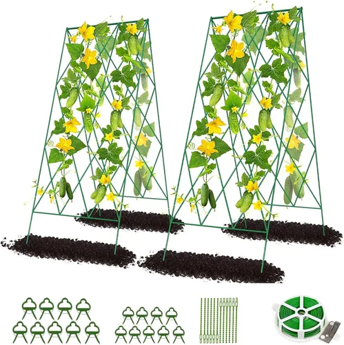 Vista 19 de DoCred Enrejado de jardín de metal con marco en A, 2 unidades, acero recubierto de PVC, perfecto para pepinos, calabaza, guisantes, enredaderas