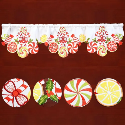 Vista 2 de Cenefa de Cortina de Ventana de Cocina con Bolsillo para Barra Bordada de Bastón de Caramelo de Navidad y Fiestas A 58 × L 14 Pulgadas