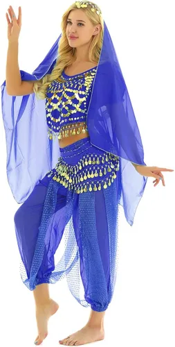 Vista 3 de iEFiEL - Disfraz de danza del vientre para mujer, para Halloween, carnaval, India, danza superior, pantalones para la cadera, bufanda, accesorio