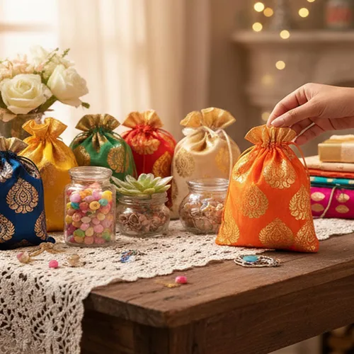 Vista 4 de Touchstone Bolsas de cordón tradicionales indias hechas a mano en tejido brocado con patrón de hojas de ficus. Perfecto para regalos, joyas, bodas