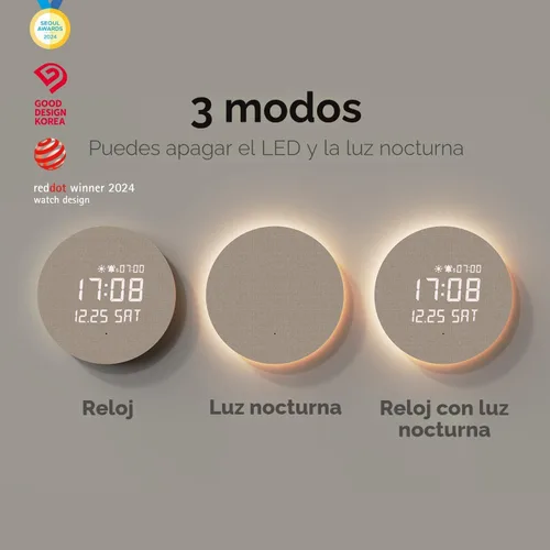 Vista 3 de mooas Reloj de pared LED de luna llena silencioso de madera con control remoto, luz nocturna con retroiluminación, reloj de pared de madera digital