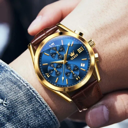 Vista 2 de OLEVS Reloj cronógrafo de cuarzo para hombre correa de cuero dorada con fecha de día reloj de pulsera de acero inoxidable impermeable relojes