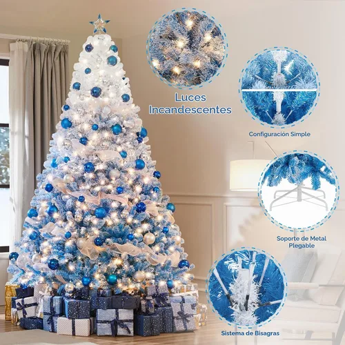 Vista 2 de Yaheetech - Árbol artificial de Navidad preiluminado de 9 pies con 900 luces incandescentes de color blanco cálido, árbol de Navidad con flecos