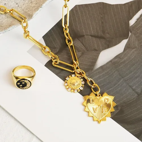 Vista 6 de HETICA Collar grueso de oro para mujer, colgante de corazón, collar de flor de sol, gargantilla de moda hip hop, regalo