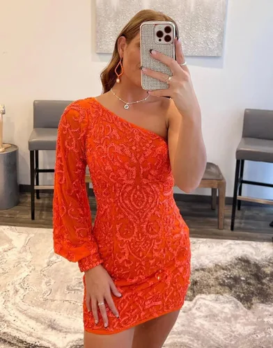 Vista 4 de Vestidos de encaje con lentejuelas brillantes para adolescentes, manga hinchada, un hombro, mini vestido de cóctel de graduación