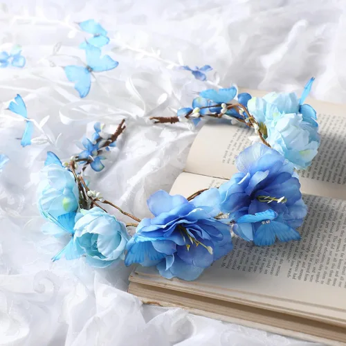 Vista 5 de Blue Flower Crown Headpiece - Floral Headband with Butterfly Bohemian Vine Crown Hippie Flower Headpiece for Women Wedding Party Bridal Shower