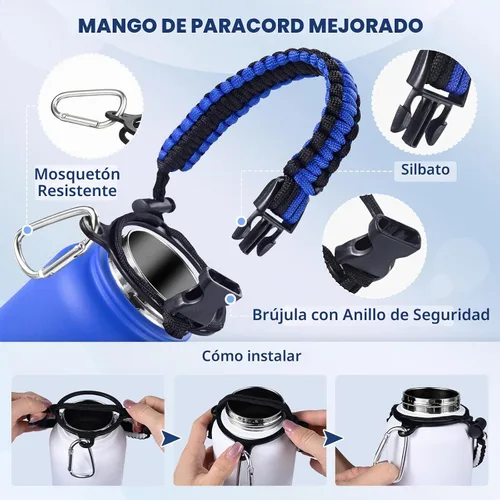 Vista 5 de Botella de Agua Aislada, botellas de agua de boca ancha de acero inoxidable de 32 onzas con 2 tapas a prueba de fugas y mango de paracord, botella