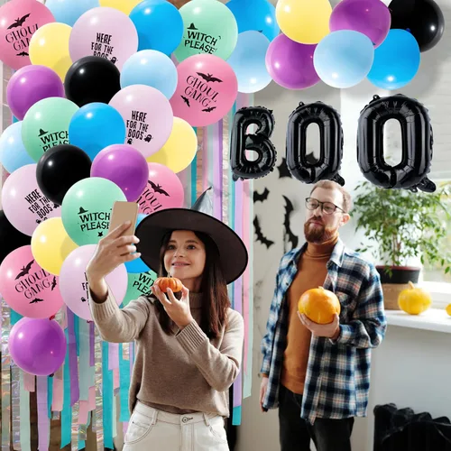 Vista 4 de Cheerland Arco de globos pastel de Halloween, decoraciones de cumpleaños de fantasma, globos de abucheo, decoraciones de Halloween pastel