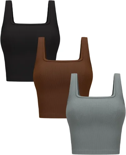 Vista 15 de OLCHEE - Camisetas cortas sin mangas para mujer, pack de 3, básicas, sin costuras, acanaladas, cuello cuadrado, para entrenamiento, verano Negro +