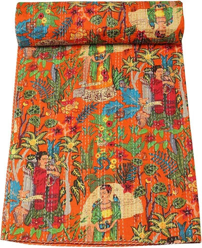 Vista 5 de Marubhumi Colcha de algodón puro Kantha con diseño tradicional indio de Farida (beige, individual (60 x 90 pulgadas)